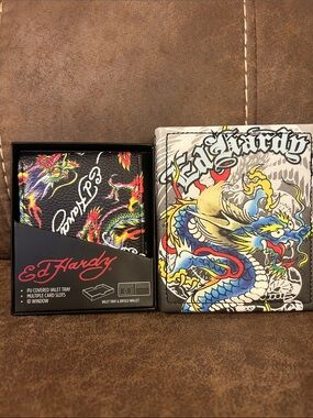 Ed Hardy Black Bifold Wallet with Multicolor Dragon Artwork